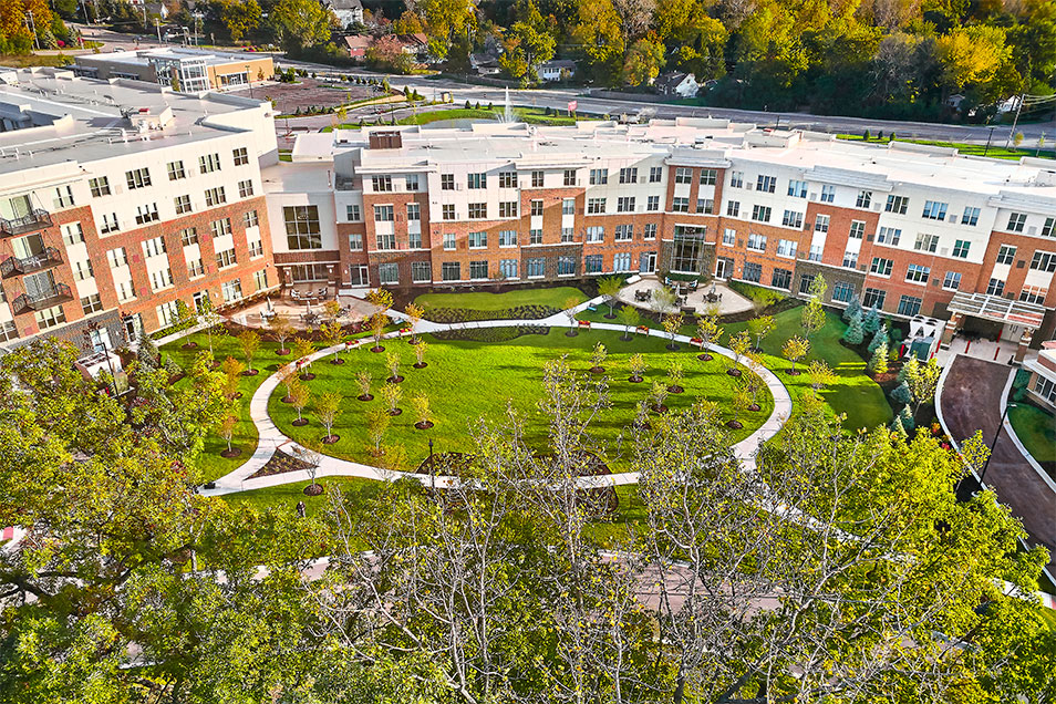Aerial View Of Modena Green Oaks Building And Circular Courtyard.